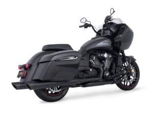 Vape motorcycle in matte black with hard saddlebags and custom details.