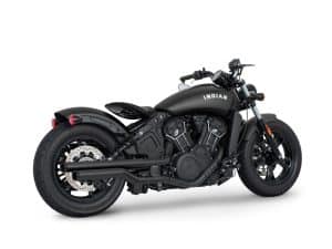 V2. Dark matte Indian motorcycle, cruiser style, with modern design and blacked-out features.
