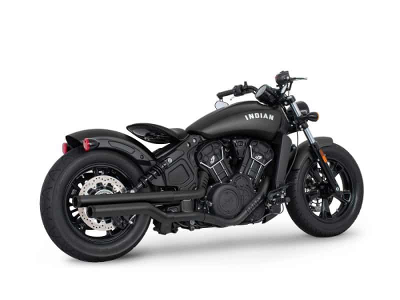 V2. Dark matte Indian motorcycle, cruiser style, with modern design and blacked-out features.