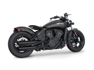 Black Indian Scout motorcycle with matte finish, custom parts, and cruiser style.