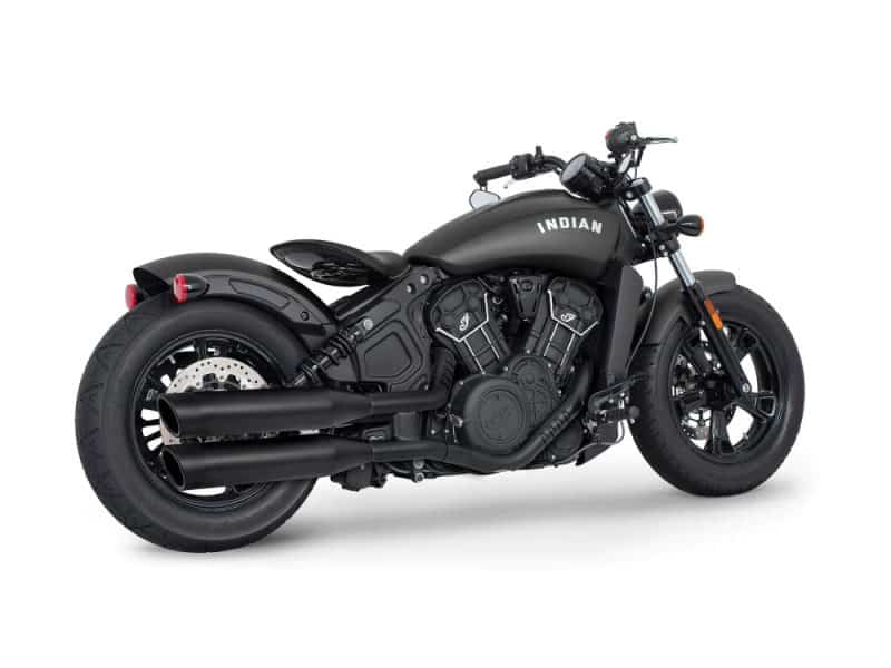 4in. Slip-On Mufflers - Black with Black Liberty End Caps. Fits Indian Scout 2015-2024 Black Indian Scout motorcycle with matte finish, custom parts, and cruiser style.
