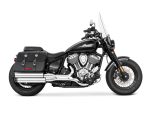 Vibrant black Indian motorcycle with leather saddlebags, chrome accents, ideal for motorcycle enthusiasts.