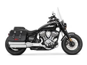 Vibrant black Indian motorcycle with leather saddlebags, chrome accents, ideal for motorcycle enthusiasts.