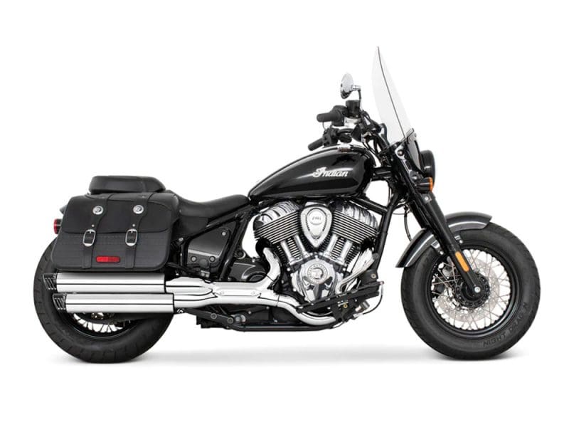 Vibrant black Indian motorcycle with leather saddlebags, chrome accents, ideal for motorcycle enthusiasts.