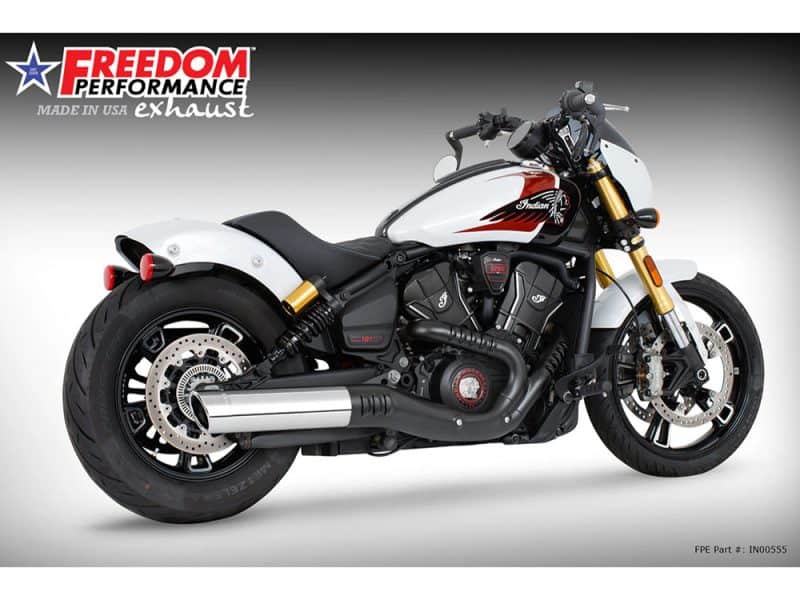 Modern Indian Scout motorcycle with custom performance exhaust system.