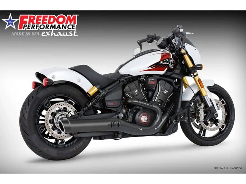 4in. Slip-On Muffler - Black with Black End Cap. Fits Indian Scout 2025up Vibrant Indian Scout motorcycle with custom black, white, and red design from Revelry Motorcycles Australian shop.