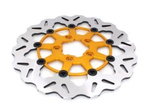High-performance motorcycle brake disc with lightweight design for Revelry Cycles.