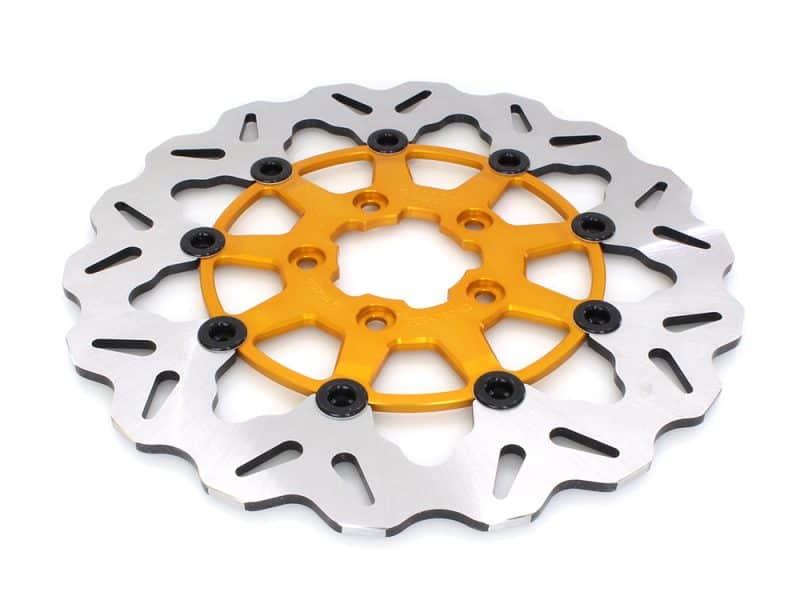 11.5in. Front Wave Floating Disc Rotor with Gold Carrier. Fits Big Twin & Sportster 2000-2014. High-performance motorcycle brake disc with lightweight design for Revelry Cycles.
