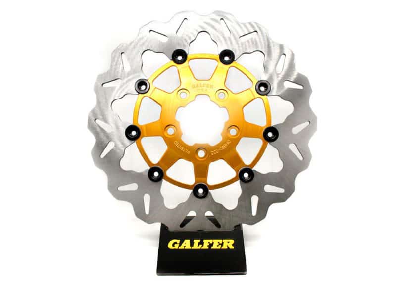 High-quality motorcycle brake disc with gold anodized centre for Revelry Motorcycles enthusiasts.