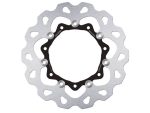A disc brake rotor with black mounting interface and silver braking surface for motorcycle.