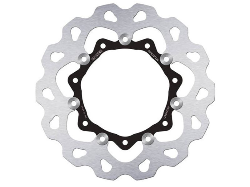 A disc brake rotor with black mounting interface and silver braking surface for motorcycle.