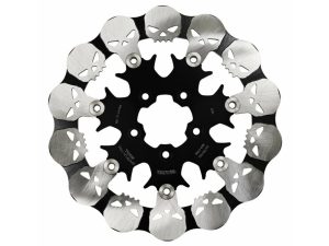 Skull-themed motorcycle brake disc with black aluminium centre and silver stainless steel edges.
