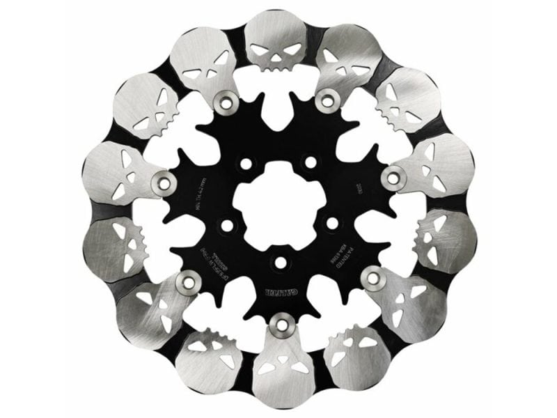 11.8in. Front Skull Floating Disc Rotor. Fits Dyna 2006-2017 Skull-themed motorcycle brake disc with black aluminium centre and silver stainless steel edges.