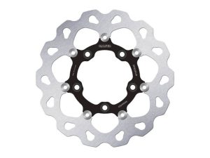 Anodised black and silver bicycle disc brake rotor for Revelry Motorcycles.