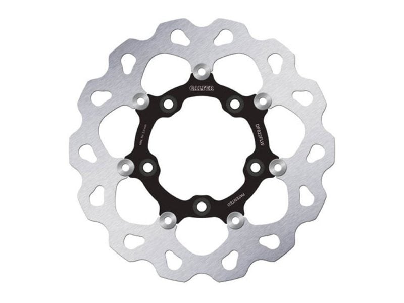Anodised black and silver bicycle disc brake rotor for Revelry Motorcycles.