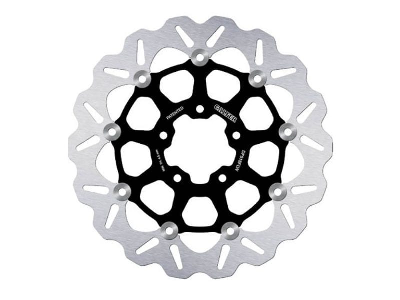 11.8in. Front or Rear Wave Floating Disc Rotor with Black Carrier. Fits Indian Scout 2015up Lightweight motorcycle disc brake rotor for Revelry Motorcycles, high-performance, durable parts.