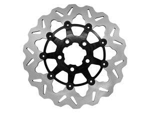 High-performance motorcycle brake disc with black centre and silver rotor, suitable for Revelry Motorcycles.