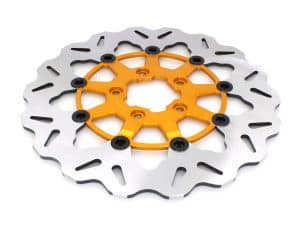 Lightweight motorcycle brake disc with gold carrier and stainless steel rotor for Revelry Motorcycles.