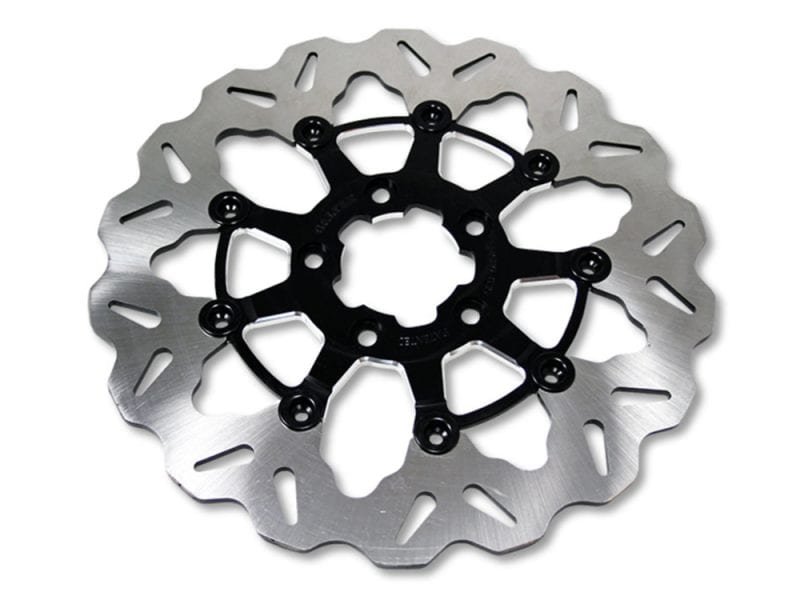 High-performance motorcycle brake disc with black centre and silver rotor for Revelry Motorcycles.