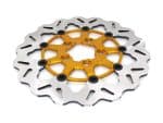 Aluminium bike disc brake rotor with gold centre hub for motorcycle adaptation.