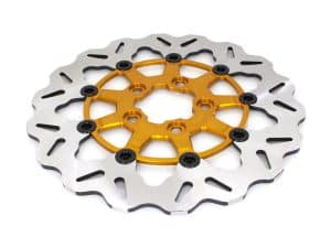 Aluminium bike disc brake rotor with gold centre hub for motorcycle adaptation.