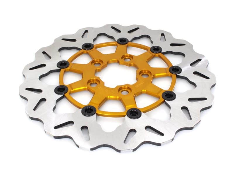 Aluminium bike disc brake rotor with gold centre hub for motorcycle adaptation.