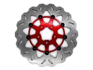 High-performance motorcycle disc brake rotor with red carrier for Revelry Motorcycles.