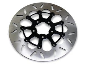 Motorcycle brake disc with black centre mount, silver ventilated rotor, high-performance bike part.