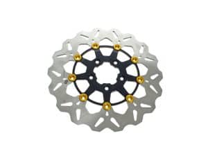 High-performance bicycle disc brake rotor with black spider and gold mounting hardware.