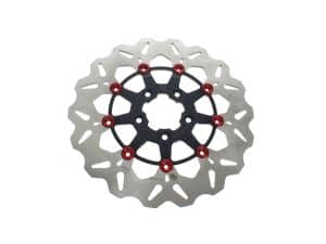 Modern mountain bike disc brake rotor with red hardware and black centre, designed for durable performance.