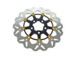 High-performance motorcycle disc brake rotor with gold hardware for Revelry Cycles.