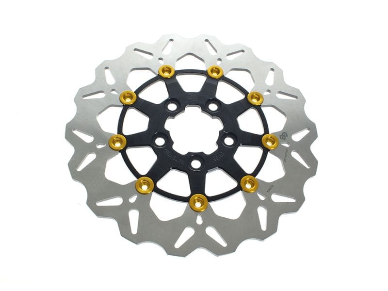 High-performance motorcycle disc brake rotor with gold hardware for Revelry Cycles.