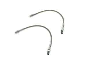 Flexible silver motorcycle brake or clutch line hoses for Revelry Motorcycles riders.