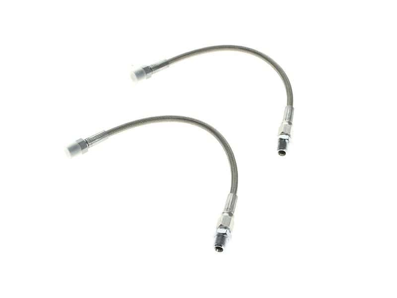 Flexible silver motorcycle brake or clutch line hoses for Revelry Motorcycles riders.