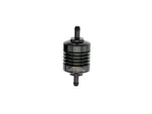 Washable Mini Inline Fuel Filter. 5/16in. Hose x 1.5in. long. Black Billet Aluminium.