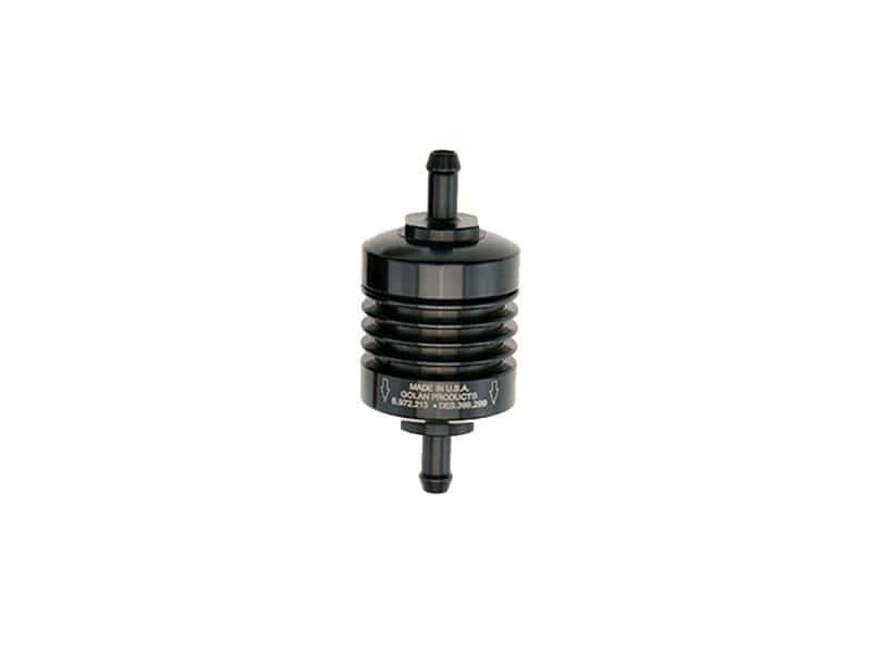 Washable Mini Inline Fuel Filter. 5/16in. Hose x 1.5in. long. Black Billet Aluminium.