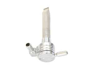Metal motorcycle gas valve with chrome finish, aftermarket Revelry Motorcycles part.