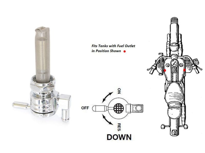 Fuel tank petcock valve with fuel outlet for motorcycle, chrome finish, compatible with Revelry motorcycles.