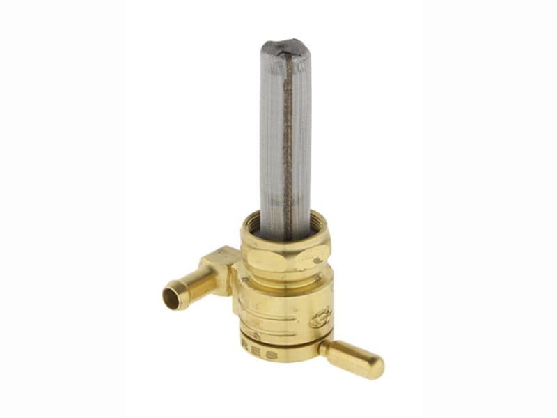 High-Flow Fuel Tap / Petcock with 22mm Thread & 5/16in. Forward Facing Fuel Outlet - Brass. Fits Softail 1984-2006 Engine fuel filter for motorcycles, gold finish, high-performance motorcycle part, Revelry Motorcycles Australia.