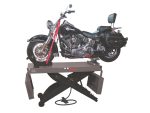 Motorcycle on motorcycle repair lift, Harley Davidson style.