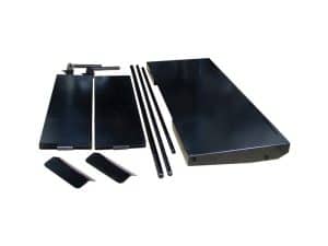 Foldable motorcycle rear rack system for Revelry Motorcycles, durable aluminium construction.