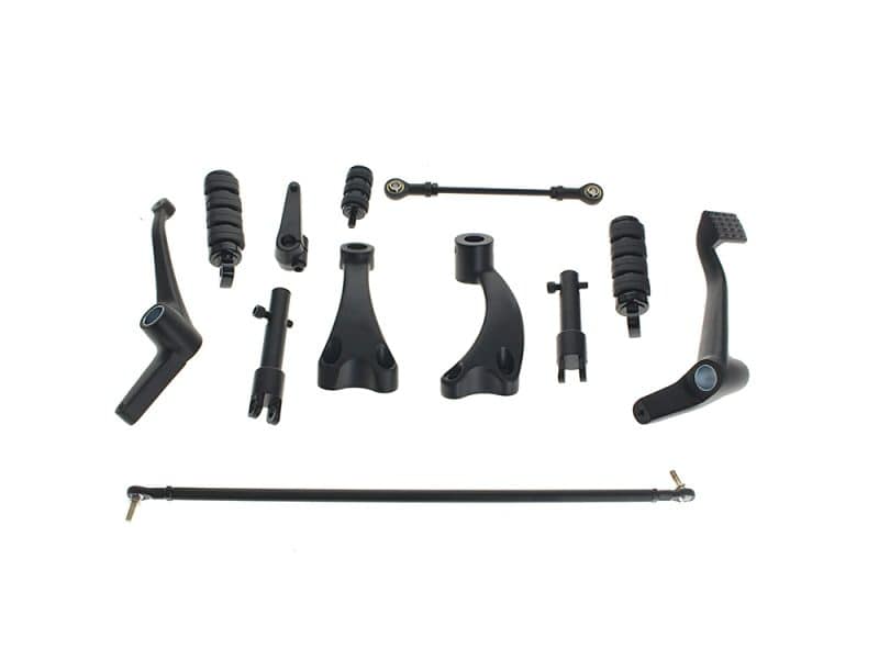 Lightweight black motorcycle control levers and footpegs, ideal for custom Revelry Motorcycles builds.