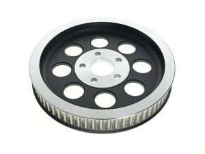Aluminium motorcycle sprocket with black and silver design for Harley Davidson bikes.
