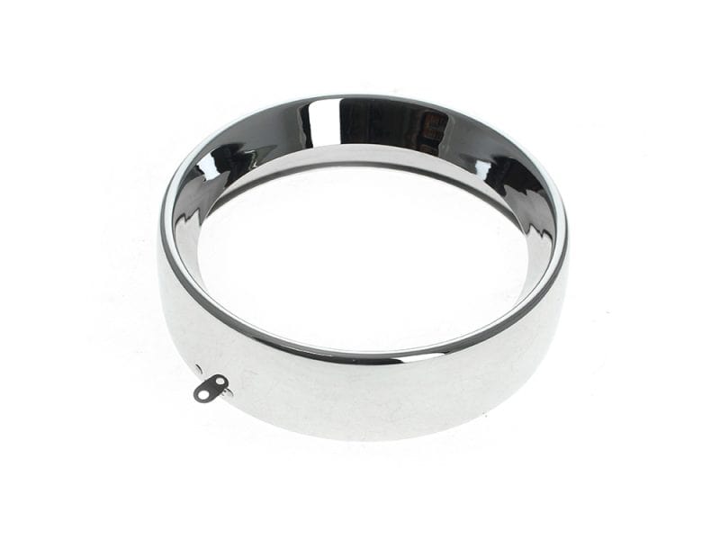 Shiny chrome motorcycle headlight bezel for Revelry Motorcycles, designed for classic bike customization.