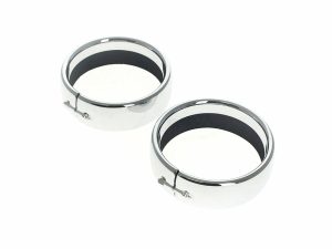 Pair of chrome motorcycle handlebar risers for Revelry Motorcycles, enhance ride comfort and style.