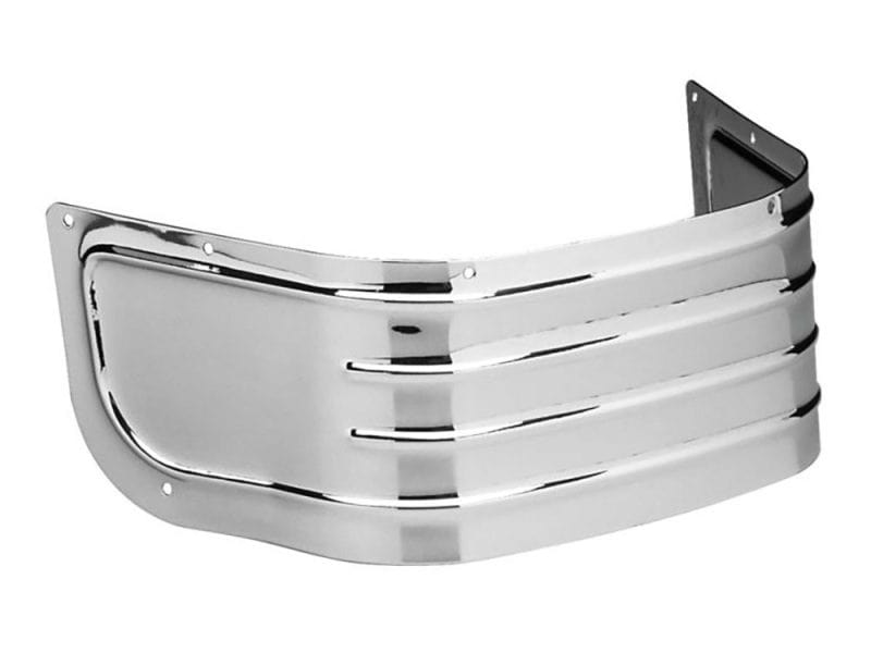 Shiny chrome motorcycle headlight grille for custom Revelry Motorcycles accessories.