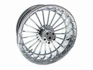 High-performance motorcycle wheel with chrome finish for Revelry Motorcycles in Australia.