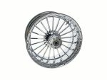 Shiny chrome motorcycle wheel with wire spokes for custom bikes.