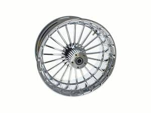 Shiny chrome motorcycle wheel with wire spokes for custom bikes.
