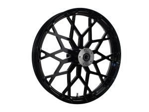 Black motorcycle wheel with honeycomb-style spokes, high-performance design for Revelry Motorcycles.